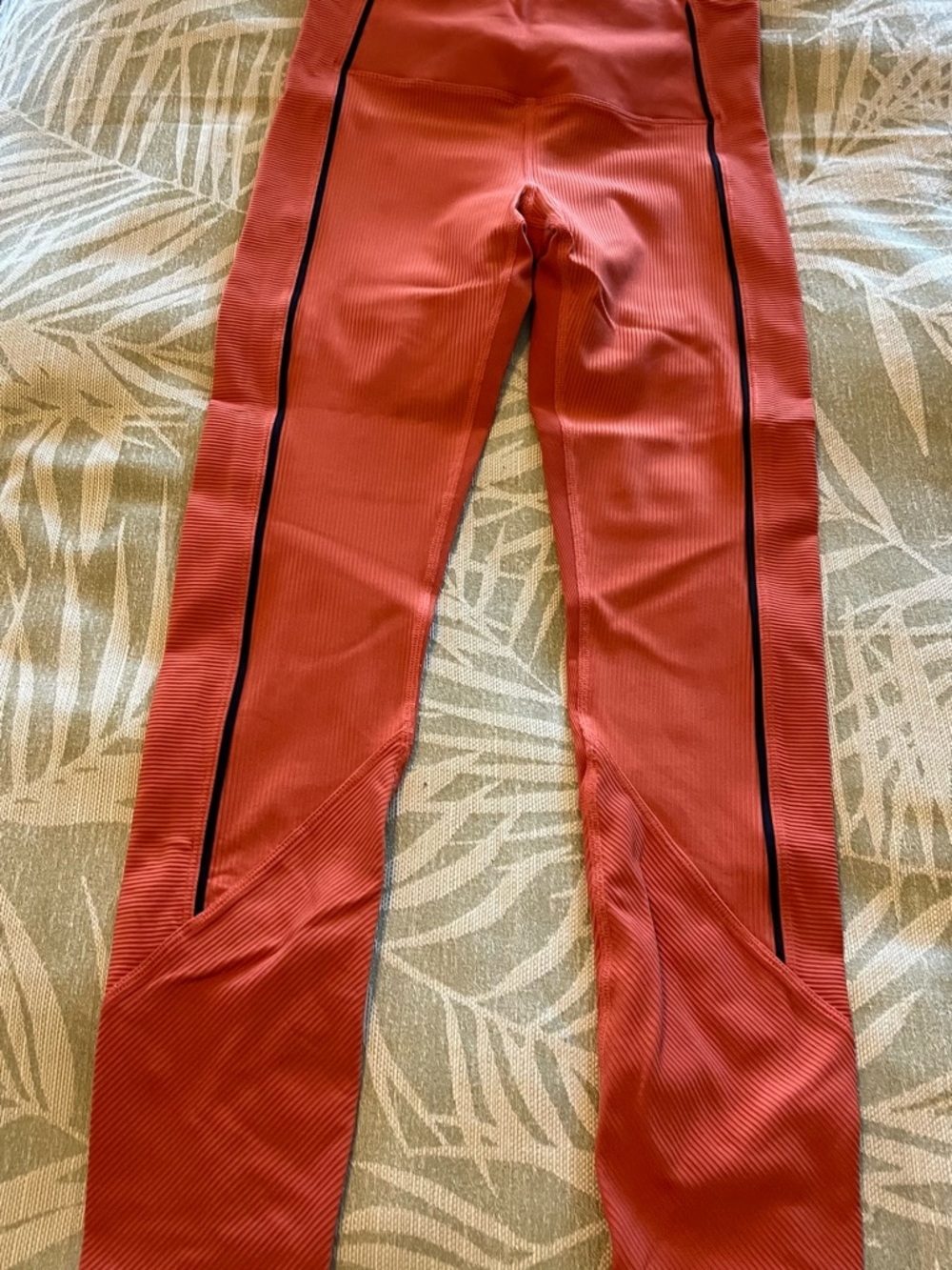 Burnt Orange Ribbed Premium High-Waist Leggings with Black Piping, Size 6-8